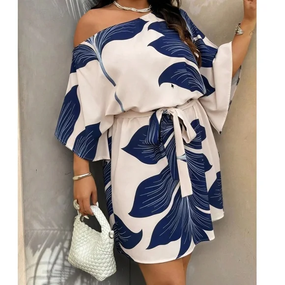 Plus Tropical Print One Shoulder Belted Batwing Sleeve Dress - Picture 2 of 9